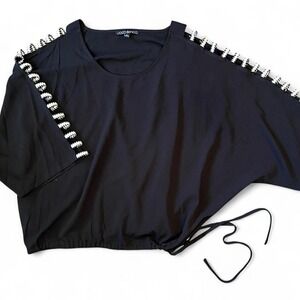 Coco Bianco black tie waist top blouse ladder‎ cut slit sleeves womens size M